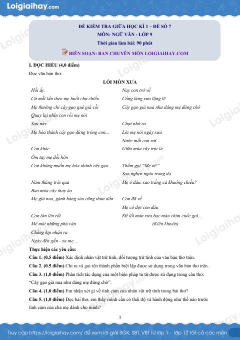Đề thi giữa kì 1 Văn 9 - Đề số 7